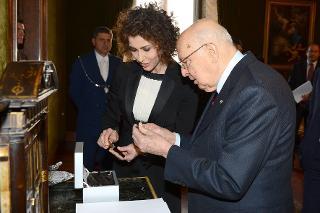 Il Presidente Giorgio Napolitano con la Dott.ssa Luisa Todini, Presidente del Comitato Leonardo in occasione della &quot;Giornata Qualità Italia&quot;