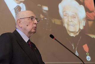 Il Presidente Giorgio Napolitano rivolge il suo indirizzo di saluto in occasione della cerimonia di ricordo della Senatrice a Vita Rita Levi Montalcini