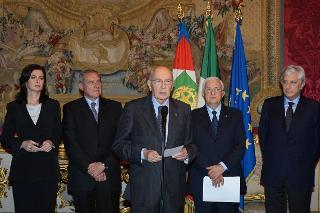 Il Presidente Giorgio Napolitano durante la dichiarazione dopo la comunicazione dell'esito del voto