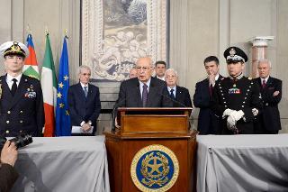 Il Presidente Giorgio Napolitano durante le dichiarazioni in occasione dell'incarico di formare il nuovo Governo all'on. Enrico Letta
