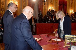 Il Presidente Giorgio Napolitano con Josefa Idem, Ministro delle Pari Opportunità, Sport e Politiche Giovanili in occasione del Giuramento del Governo Letta