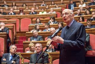 Il Presidente Giorgio Napolitano nell'Aula del Senato in occasione della cerimonia del Giorno della Memoria dedicato alle vittime del terrorismo