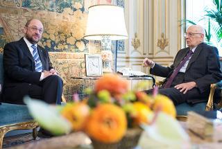 Il Presidente Giorgio Napolitano nel corso dei colloqui con Martin Schulz, Presidente del Parlamento Europeo