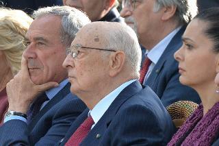 Il Presidente Giorgio Napolitano con il Presidente del Senato Pietro Grasso e il Presidente della Camera dei deputati Laura Boldrini in occasione dell'apertura al pubblico dei Giardini del Quirinale per la Festa Nazionale della Repubblica