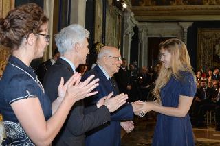 Il Presidente Giorgio Napolitano con Federica Victoria Caiozzo in occasione della presentazione dei candidati ai Premi &quot;David di Donatello&quot; per l'anno 2013