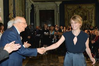 Il Presidente Giorgio Napolitano con Margherita Buy in occasione della presentazione dei candidati ai Premi &quot;David di Donatello&quot; per l'anno 2013