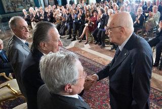 Il Presidente Giorgio Napolitano saluta i Presidenti dell'Accademia Nazionale dei Lincei, di San Luca e di Santa Cecilia, Lamberto Maffei, Paolo Portoghesi e Bruno Cagli