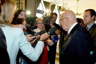 Il Presidente Giorgio Napolitano risponde alle domande dei giornalisti al termine della visita a Zagabria per le celebrazioni dell'adesione della Repubblica di Croazia all'Unione Europea