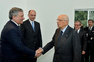 Il Presidente Giorgio Napolitano con il VicePresidente della Commissione europea, Antonio Tajani, il Presidente del Consiglio dei ministri, Enrico Letta e il Presidente della Regione Lombardia, Roberto Maroni in occasione della sessione istituzionale "Verso Expo 2015"