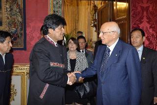 Il Presidente Giorgio Napolitano e il Presidente dello Stato Plurinazionale della Bolivia, Juan Evo Morales Ayma, al termine dei colloqui