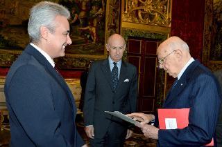 Il Presidente Giorgio Napolitano con il Signor Marin Raykov, nuovo Ambasciatore della Repubblica di Bulgaria, nel corso della presentazione delle Lettere Credenziali
