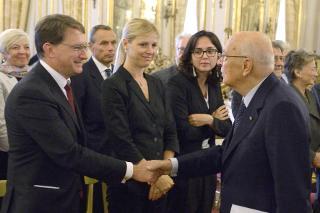 Il Presidente Giorgio Napolitano nel corso dell'incontro con il Comitato promotore delle celebrazioni dell'anniversario dell'approvazione del &quot;Progetto Spinelli&quot; dal Parlamento Europeo