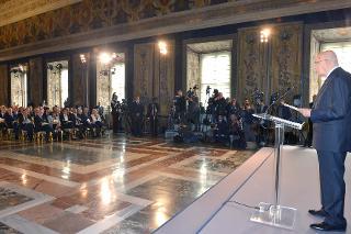 Il Presidente Giorgio Napolitano durante il suo intervento in occasione della cerimonia di consegna delle insegne di Cavaliere dell'Ordine &quot;Al Merito del Lavoro&quot; ai Cavalieri del Lavoro nominati il 2 giugno 2013