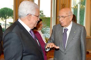 Il Presidente Giorgio Napolitano e il Presidente dell'Autorità Nazionale Palestinese Signor Mahmud Abbas, al termine dei colloqui