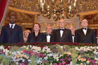 Il Presidente Giorgio Napolitano durante l'Inno Nazionale in occasione delll'inaugurazione della stagione d'opera e balletto 2013-2014 del Teatro alla Scala