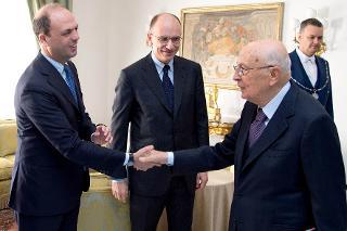 Il Presidente Giorgio Napolitano con il Ministro dell'Interno Angelino Alfano e il Presidente del Consiglio Enrico Letta in occasione dell'incontro in vista del prossimo Consiglio Europeo di Bruxelles