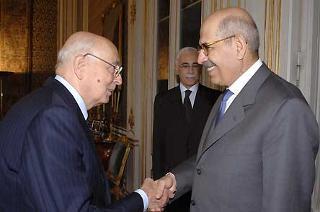 Il Presidente Giorgio Napolitano accoglie il Signor Mohamed El Baradei, Direttore generale dell'Agenzia Internazionale per l'Energia Atomica al Quirinale