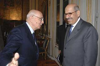 Il Presidente Giorgio Napolitano accoglie il Signor Mohamed El Baradei, Direttore generale dell'Agenzia Internazionale per l'Energia Atomica nel suo studio al Quirinale