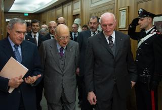 Il Presidente Giorgio Napolitano con il Presidente del Senato Pietro Grasso e il Presidente della Corte dei conti Raffaele Squitieri, al termine dell'inaugurazione dell'Anno Giudiziario della Corte dei conti