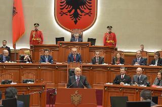 Il Presidente Giorgio Napolitano durante il suo intervento in Parlamento in occasione della Visita di Stato nella Repubblica d'Albania