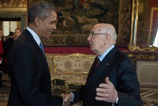 Il Presidente della Repubblica italiana, Giorgio Napolitano, accoglie il Presidente degli Stati Uniti d'America, Barack Obama al Quirinale
