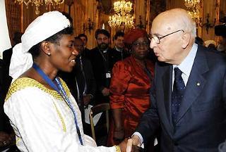 Il Presidente Giorgio Napolitano saluta Clotilde Niragira, Ministro della Giustizia della Repubblica del Burundi in occasione dell'incontro con i Ministri della Giustizia dei Paesi Africani