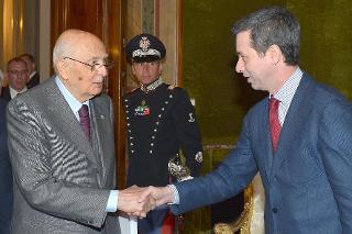Il Presidente Giorgio Napolitano con il Ministro della Giustizia Dott. Andrea Orlando, in occasione dell'incontro con i Magistrati ordinari in tirocinio nominati con D.M. del 2 maggio 2013