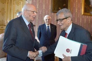 Il Presidente Giorgio Napolitano con il Prof. Amartya Sen, Premio Nobel per l'Economia, in occasione del Convegno dal titolo: &quot;Albert Hirschman, scienziato sociale&quot;