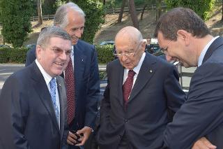 Il Presidente Giorgio Napolitano con Thomas Bach, Presidente del CIO, Giovanni Malagò, Presidente del CONI, e Ignazio Marino, Sindaco di Roma al suo arrivo per la cerimonia di apertura del 100° anniversario di fondazione del CONI