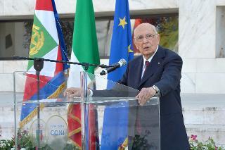 Il Presidente Giorgio Napolitano durante il suo intervento in occasione della cerimonia di apertura del 100° anniversario di fondazione del CONI