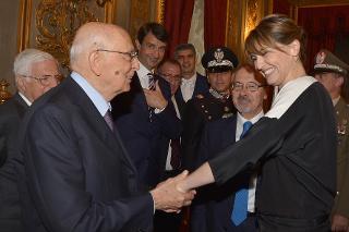 Il Presidente Giorgio Napolitano con l'attrice Paola Cortellesi in occasione della presentazione dei candidati ai Premi &quot;David di Donatello&quot; per l'anno 2014