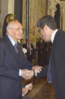 Il Presidente Giorgio Napolitano con Pierfrancesco Diliberto, in arte Pif in occasione della presentazione dei candidati ai Premi &quot;David di Donatello&quot; per l'anno 2014