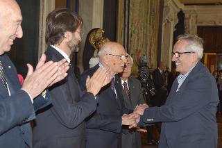 Il Presidente Giorgio Napolitano con Marco Bellocchio in occasione della presentazione dei candidati ai Premi &quot;David di Donatello&quot; per l'anno 2014
