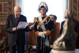 Il Presidente Giorgio Napolitano nel corso del suo intervento nella sala del Consiglio Grande e Generale