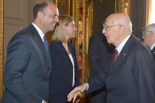 Il Presidente Giorgio Napolitano con i Ministri Mogherini e Alfano, in occasione dell'incontro in vista del prossimo Consiglio Europeo