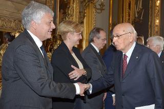 Il Presidente Giorgio Napolitano con i Ministri Galletti, Guidi e Padoan, in occasione dell'incontro in vista del prossimo Consiglio Europeo