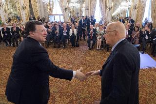 Il Presidente Giorgio Napolitano con il Presidente della Commissione Europea Josè Manuel Barroso, al termine dell'incontro con il Collegio dei Commissari Europei, in occasione del semestre di Presidenza Italiana del Collegio dell'Unione Europea