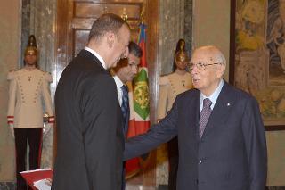 Il Presidente Giorgio Napolitano accoglie il Presidente della Repubblica dell'Azerbaigian il Sig. Ilham Aliyev in visita ufficiale in Italia