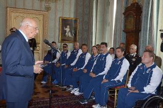 Il Presidente Giorgio Napolitano durante il suo intervento in occasione dell'incontro con gli atleti partecipanti alla 1° edizione dei campionati militari paralimpici di Londra &quot;Invictus Games 2014&quot;