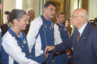 Il Presidente Giorgio Napolitano nel corso dell'incontro con gli atleti partecipanti alla 1° edizione dei campionati militari paralimpici di Londra &quot;Invictus Games 2014&quot;