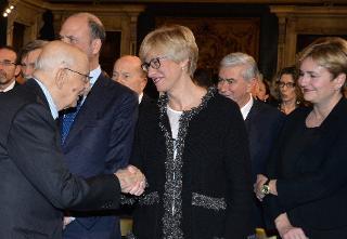 Il Presidente Giorgio Napolitano con i Ministri Roberta Pinotti e Federica Guidi nel corso della cerimonia per lo scambio degli auguri di fine anno con i Rappresentanti delle Istituzioni, delle Forze Politiche e della Società Civile