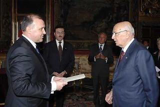 Il Presidente Giorgio Napolitano con l'Ambasciatore Atanas I Mladenov, nuovo Ambasciatore della Repubblica di Bulgaria, in occasione della presentazione delle Lettere Credenziali