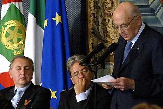 Il Presidente Giorgio Napolitano rivolge il suo indirizzo di saluto ai presenti, in occasione dell'incontro con il mondo dell'informazione