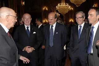 Il Presidente Giorgio Napolitano nella foto con Stefano Dominella, il Ministro Pierluigi Bersani, il Vice Ministro Sergio D'Antoni e Nerio Alessandri, in occasione dell'incontro con una delegazione dell'Associazione Imprese Italiane "Altagamma"