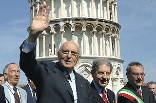 Il Presidente Giorgio Napolitano con Salvatore Settis, Direttore della Scuola Normale ed il Sindaco della città, Paolo Fontanelli durante la visita alla Torre