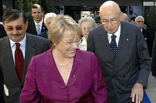 Il Presidente Giorgio Napolitano con la Signora Michelle Bachelet, Presidente della Repubblica del Cile e il Ministro Fabio Mussi nel corso dell'inaugurazione dell'Anno accademico 2007-2008 all'Università degli Studi Roma Tre
