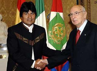 Il Presidente Giorgio Napolitano con il Presidente della Repubblica di Bolivia Juan Evo Morales Ayma.