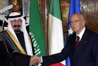 Il Presidente Giorgio Napolitano con il Re dell'Arabia Saudita Sua Maestà Abdullah bin Abdulaziz Al Saud, in visita ufficiale in Italia.