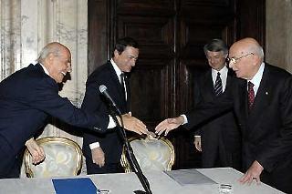 Il Presidente Giorgio Napolitano con Umberto Veronesi, Mario Draghi e Ferruccio De Bortoli, in occasione della Giornata Nazionale per la Ricerca sul Cancro