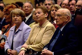 Il Presidente Giorgio Napolitano, la moglie Clio e la Signora Marisa Malagoli Togliatti in occasione della cerimonia celebrativa del 60°anniversario dell'estensione del diritto di voto alle donne con l'emissione di un francobollo dedicato a Nilde Iotti